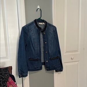 Chico's Dark Blue Denim Jean Jacket with Beaded Trim